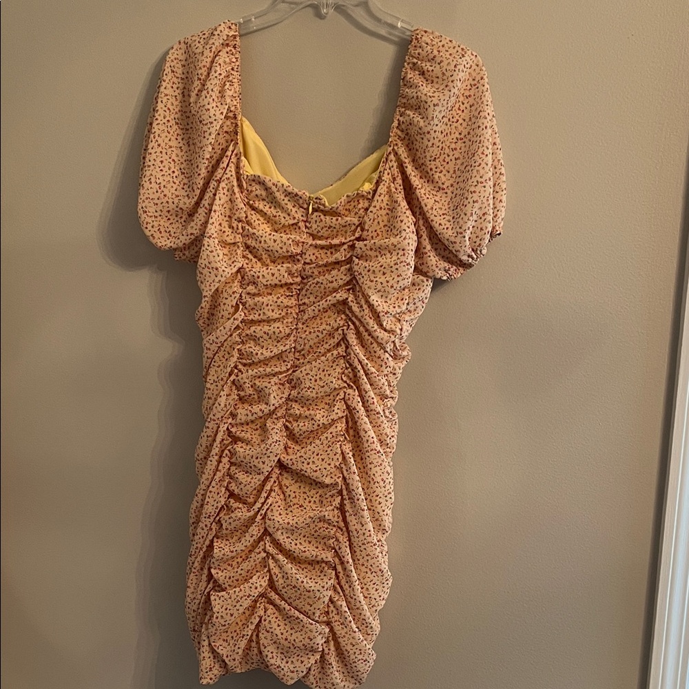 SHEIN Yellow Blush Floral Gathered Mini Dress